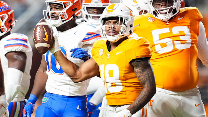 Tennessee running back DeSean Bishop (18) disagrees with the spot of the ball during a SEC conference game between Tennessee and Florida in Neyland Stadium on Saturday, Oct. 12, 2024.