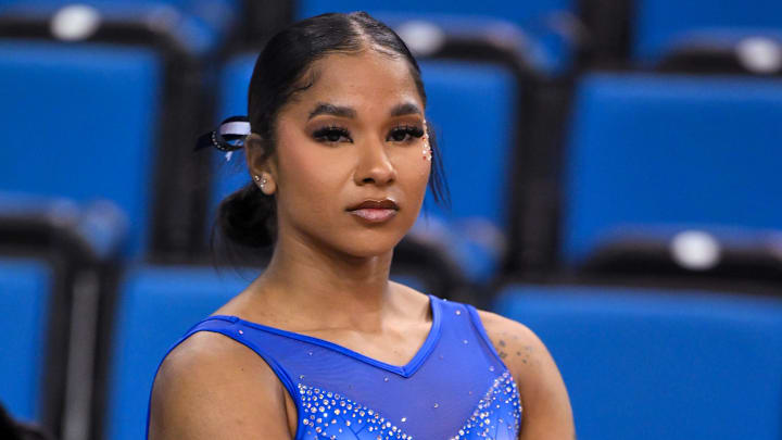 UCLA gymnast Jordan Chiles during warmups before an NCAA gymnastics meet with Penn State at Pauley Pavilion presented by Wesco.