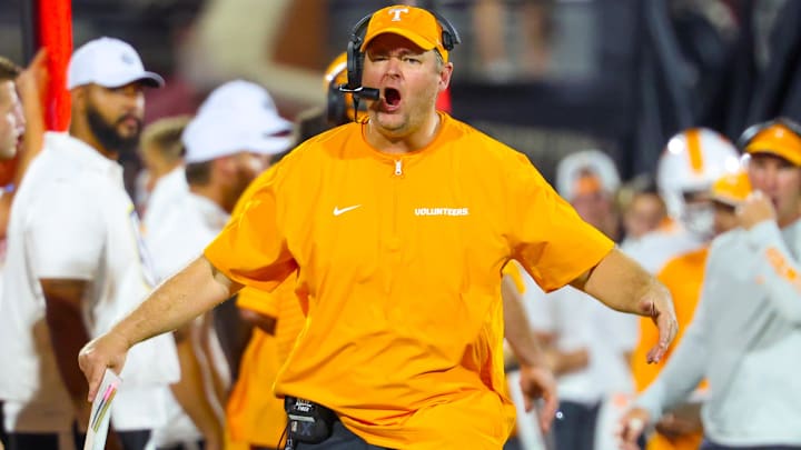 Sep 21, 2024; Norman, Oklahoma, USA;  Tennessee Volunteers head coach Josh Heupel reacts during the game against the Oklahoma Sooners at Gaylord Family-Oklahoma Memorial Stadium. Mandatory Credit: Kevin Jairaj-Imagn Images