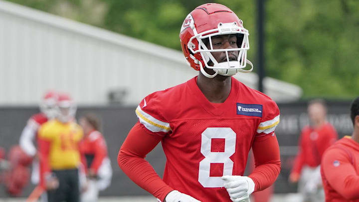 May 26, 2022; Kansas City, MO, USA; Kansas City Chiefs wide receiver Justyn Ross (8) runs drills