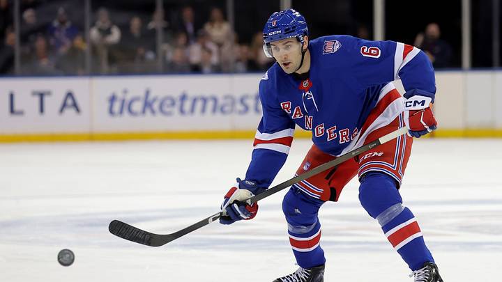 Mar 2, 2026; New York, New York, USA; New York Rangers defenseman Vincent Iorio (6) plays the puck against the Columbus Blue Jackets during the second period at Madison Square Garden. Mandatory Credit: Brad Penner-Imagn Images Mar 2, 2026; New York, New York, USA; New York Rangers defenseman Vincent Iorio (6) plays the puck against the Columbus Blue Jackets during the second period at Madison Square Garden. Mandatory Credit: Brad Penner-Imagn Images