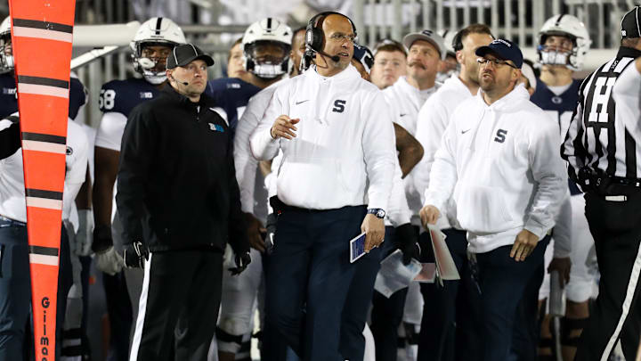 Penn State coach James Franklin looks on from the sideline during the third quarter against the Washington Huskies at Beaver Stadium.