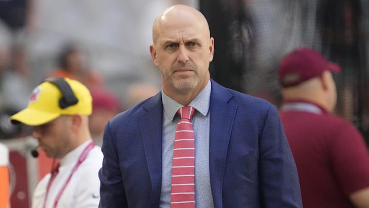 Arizona Cardinals general manager Monti Ossenfort watches his team warm up before playing against the Chicago Bears at State Farm Stadium in Glendale on Nov. 3, 2024.