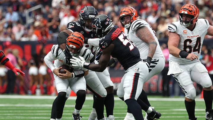 Sep 20, 2026; Houston, Texas, USA;  Houston Texans defensive end Will Anderson Jr. (51) sacks Cincinnati Bengals quarterback Joe Burrow (9) during the fourth quarter at Reliant Stadium.  Mandatory Credit: Thomas Shea-Imagn Images