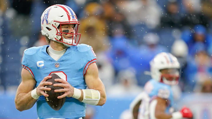 Tennessee Titans quarterback Will Levis (8) looks for a receiver during the first quarter against the Houston Texans at Nissan Stadium in Nashville, Tenn., Sunday, Jan. 5, 2025. Tennessee Titans quarterback Will Levis (8) looks for a receiver during the first quarter against the Houston Texans at Nissan Stadium in Nashville, Tenn., Sunday, Jan. 5, 2025.