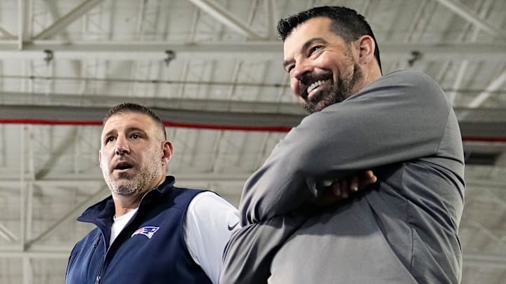 Ohio State Buckeyes head coach Ryan Day talks to New England Patriots head coach Mike Vrabel during the pro day for NFL scouts at the Woody Hayes Athletic Cente on March 26, 2025.