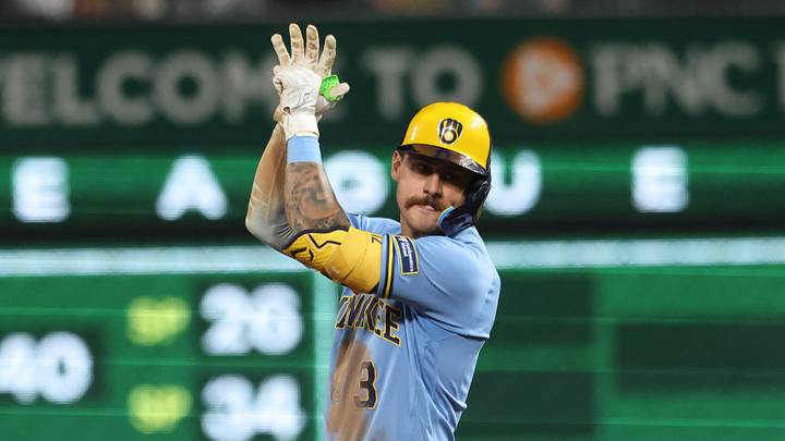Sep 15, 2026; Pittsburgh, Pennsylvania, USA; Milwaukee Brewers shortstop Joey Ortiz (3) reacts at second base with a double against the Pittsburgh Pirates during the eighth inning at PNC Park. Mandatory Credit: Charles LeClaire-Imagn Images Sep 15, 2026; Pittsburgh, Pennsylvania, USA; Milwaukee Brewers shortstop Joey Ortiz (3) reacts at second base with a double against the Pittsburgh Pirates during the eighth inning at PNC Park. Mandatory Credit: Charles LeClaire-Imagn Images