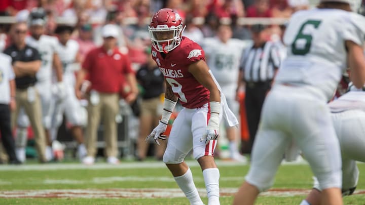 Aug 31, 2019; Fayetteville, AR, USA; Arkansas Razorbacks defensive back Greg Brooks Jr. (9) looks over at Portland State Vikings quarterback Davis Alexander (6) during the game at Donald W. Reynolds Razorback Stadium. Mandatory Credit: Brett Rojo-USA TODAY Sports