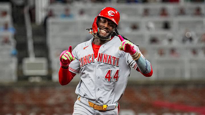 Sep 24, 2026; Cumberland, Georgia, USA; Cincinnati Reds shortstop Elly De La Cruz (44) reacts after hitting a home run against the Atlanta Braves during the third inning at Truist Park. Mandatory Credit: Dale Zanine-Imagn Images Sep 24, 2026; Cumberland, Georgia, USA; Cincinnati Reds shortstop Elly De La Cruz (44) reacts after hitting a home run against the Atlanta Braves during the third inning at Truist Park. Mandatory Credit: Dale Zanine-Imagn Images