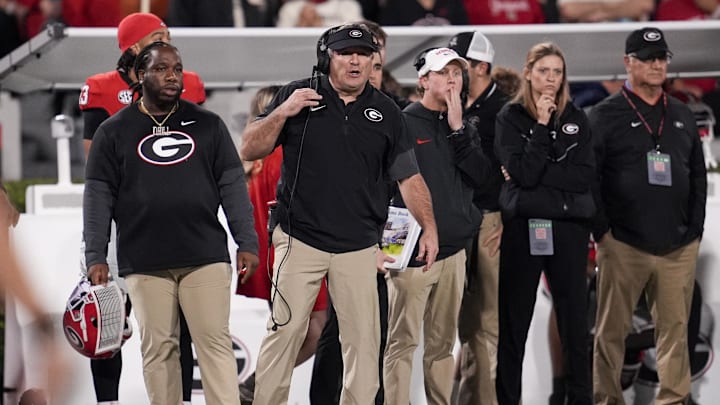 Nov 15, 2025; Athens, Georgia, USA; Georgia Bulldogs head coach Kirby Smart looks on during the first half against the Texas Longhorns at Sanford Stadium. Mandatory Credit: Dale Zanine-Imagn Images