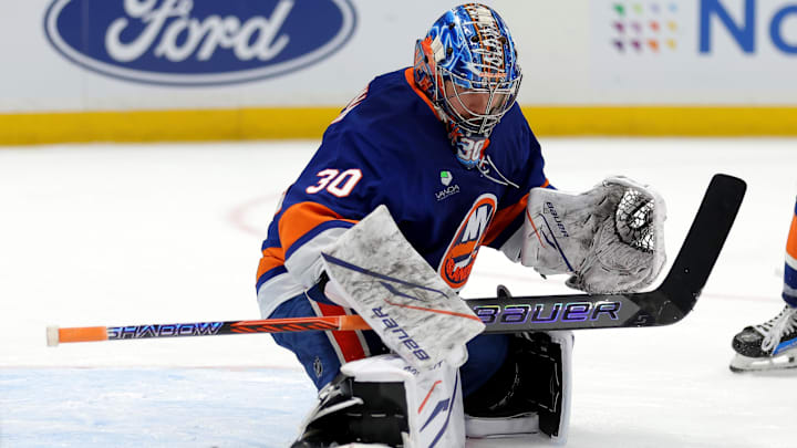 Mar 22, 2026; Elmont, New York, USA; New York Islanders goaltender Ilya Sorokin (30) makes a save against the Columbus Blue Jackets during the third period at UBS Arena. Mandatory Credit: Brad Penner-Imagn Images
