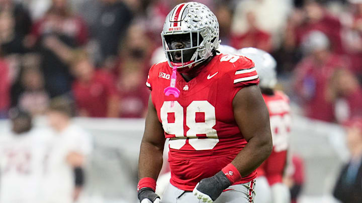 Ohio State Buckeyes defensive tackle Kayden McDonald (98) celebrates during the first half of the Big Ten Conference championship game against the Indiana Hoosiers at Lucas Oil Stadium in Indianapolis on Dec. 6, 2025.