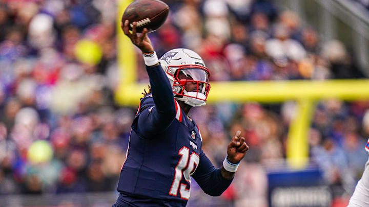 Jan 5, 2025; Foxborough, Massachusetts, USA; New England Patriots quarterback Joe Milton III (19) throws a pass against the Buffalo Bills in the first half at Gillette Stadium. Mandatory Credit: David Butler II-Imagn Images Jan 5, 2025; Foxborough, Massachusetts, USA; New England Patriots quarterback Joe Milton III (19) throws a pass against the Buffalo Bills in the first half at Gillette Stadium. Mandatory Credit: David Butler II-Imagn Images