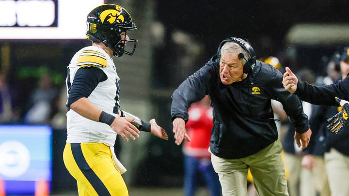 Oct 9, 2026; Seattle, Washington, USA; Iowa Hawkeyes head coach Kirk Ferentz reacts following a touchdown pass by quarterback Jeremy Hecklinski (10) against the Washington Huskies during the second quarter at Husky Stadium. Mandatory Credit: Joe Nicholson-Imagn Images Oct 9, 2026; Seattle, Washington, USA; Iowa Hawkeyes head coach Kirk Ferentz reacts following a touchdown pass by quarterback Jeremy Hecklinski (10) against the Washington Huskies during the second quarter at Husky Stadium. Mandatory Credit: Joe Nicholson-Imagn Images