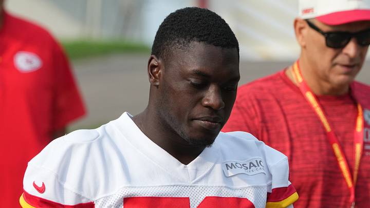 Jul 29, 2026; St. Joseph, MO, USA; Kansas City Chiefs cornerback Wesley Bissainthe (59) walks down the hill to the practice fields during training camp at Missouri Western State University. Mandatory Credit: Denny Medley-Imagn Images