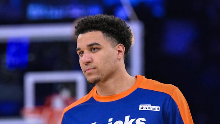 Apr 1, 2025; New York, New York, USA; New York Knicks forward Kevin McCullar Jr. (9) warms up before a game against the Philadelphia 76ers at Madison Square Garden. Mandatory Credit: John Jones-Imagn Images