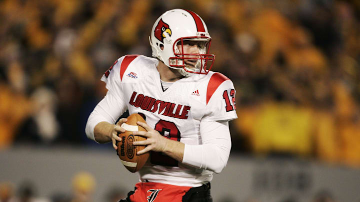 Nov 8, 2007; Morgantown, WV, USA; Louisville Cardinals quarterback Brian Brohm (12) drops back to pass the ball.