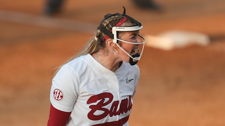 May 6, 2025; Athens, GA, USA; Alabama starting pitcher Jocelyn Briski (23) reacts to the final strikeout during a game against Auburn at Jack Turner Softball Stadium. 