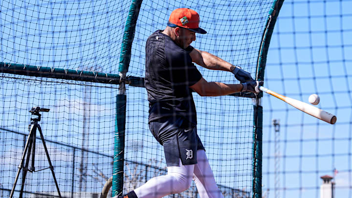 Detroit Tigers outfielder Trei Cruz bats at practices during spring training at TigerTown in Lakeland, Fla. on Saturday, Feb. 14, 2026.
