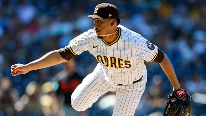 Sep 3, 2025; San Diego, California, USA; San Diego Padres relief pitcher Jeremiah Estrada (56) throws a pitch during the seventh inning against the Baltimore Orioles at Petco Park. Mandatory Credit: David Frerker-Imagn Images