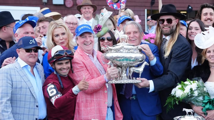 Jun 8, 2024; Saratoga Springs, NY, USA; Luis Saez (6) celebrates with the owners of Dornoch for winning the Belmont Stakes at Saratoga Race Course. TODAY Sports Jun 8, 2024; Saratoga Springs, NY, USA; Luis Saez (6) celebrates with the owners of Dornoch for winning the Belmont Stakes at Saratoga Race Course. TODAY Sports