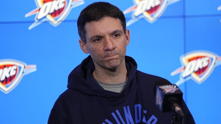Mar 22, 2024; Toronto, Ontario, CAN; Oklahoma City Thunder head coach Mark Daigneault during a media conference before a game against the Toronto Raptors at Scotiabank Arena. Mandatory Credit: John E. Sokolowski-Imagn Images