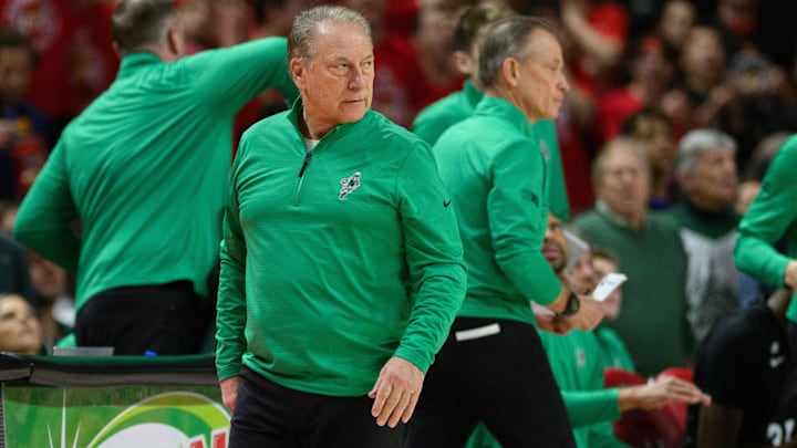 Feb 26, 2025; College Park, Maryland, USA; Michigan State Spartans head coach Tom Izzo reacts during the first half against the Maryland Terrapins at Xfinity Center. Mandatory Credit: Reggie Hildred-Imagn Images