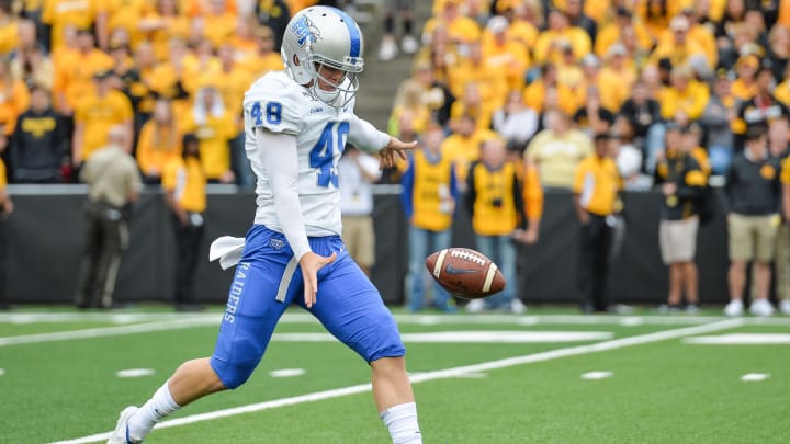 Sep 28, 2019; Iowa City, IA, USA; Middle Tennessee Blue Raiders punter Kyle Ulbrich (48) in action against the Iowa Hawkeyes at Kinnick Stadium. Sep 28, 2019; Iowa City, IA, USA; Middle Tennessee Blue Raiders punter Kyle Ulbrich (48) in action against the Iowa Hawkeyes at Kinnick Stadium.