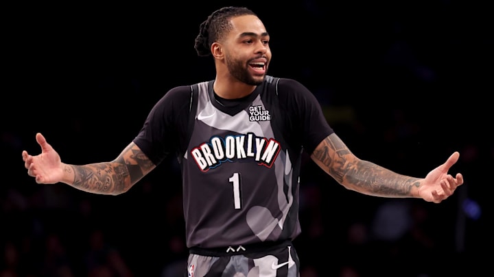 Feb 12, 2025; Brooklyn, New York, USA; Brooklyn Nets guard D'Angelo Russell (1) reacts during the fourth quarter against the Philadelphia 76ers at Barclays Center. Mandatory Credit: Brad Penner-Imagn Images Feb 12, 2025; Brooklyn, New York, USA; Brooklyn Nets guard D'Angelo Russell (1) reacts during the fourth quarter against the Philadelphia 76ers at Barclays Center. Mandatory Credit: Brad Penner-Imagn Images