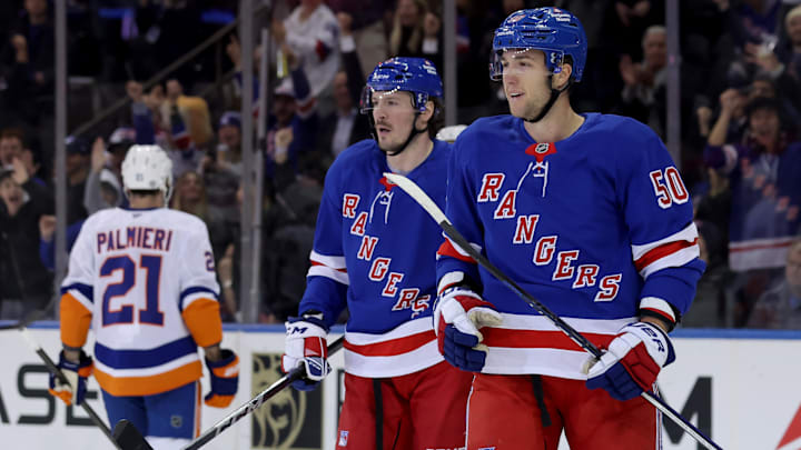 Mar 3, 2025; New York, New York, USA; New York Rangers left wing Will Cuylle (50) reacts after scoring a goal against the New York Islanders during the first period at Madison Square Garden. Mandatory Credit: Brad Penner-Imagn Images