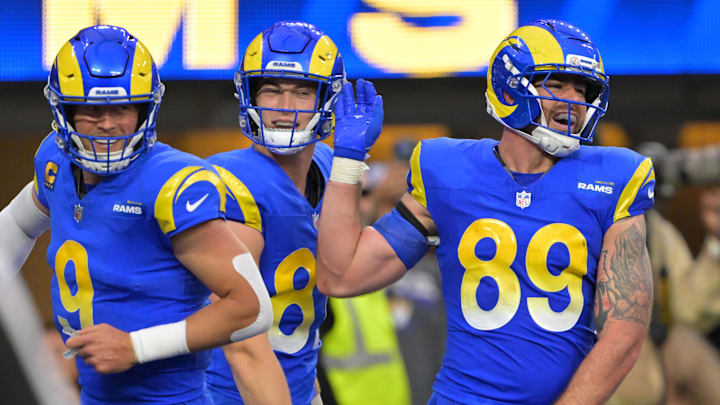 Jan 4, 2026; Inglewood, California, USA;  Los Angeles Rams tight end Tyler Higbee (89) scores a touchdown against the Arizona Cardinals during the second half at SoFi Stadium. Mandatory Credit: Jayne Kamin-Oncea-Imagn Images