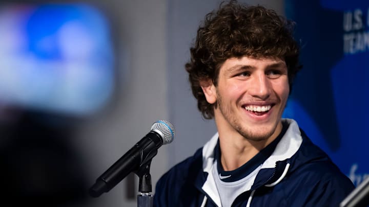 Penn State's Levi Haines laughs as he answers a question at the 2024 U.S. Olympic Team Trials Wrestling.