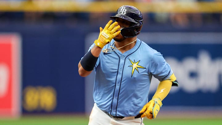 Apr 14, 2024; St. Petersburg, Florida, USA; Tampa Bay Rays third baseman Isaac Paredes (17) runs the bases after hitting a solo home run against the San Francisco Giants in the seventh inning at Tropicana Field. Mandatory Credit: Nathan Ray Seebeck-USA TODAY Sports Apr 14, 2024; St. Petersburg, Florida, USA; Tampa Bay Rays third baseman Isaac Paredes (17) runs the bases after hitting a solo home run against the San Francisco Giants in the seventh inning at Tropicana Field. Mandatory Credit: Nathan Ray Seebeck-USA TODAY Sports