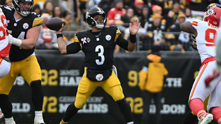 Dec 25, 2024; Pittsburgh, Pennsylvania, USA; Pittsburgh Steelers quarterback Russell Wilson (3) throws a pass against the Kansas City Chiefs during the second quarter at Acrisure Stadium. Mandatory Credit: Barry Reeger-Imagn Images