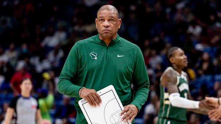 Apr 6, 2025; New Orleans, Louisiana, USA; Milwaukee Bucks head coach Doc Rivers looks on against the New Orleans Pelicans during the second half at Smoothie King Center. Mandatory Credit: Stephen Lew-Imagn Images