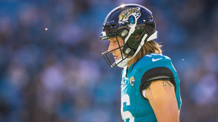 Dec 1, 2024; Jacksonville, Florida, USA; Jacksonville Jaguars quarterback Trevor Lawrence (16) walks back to the huddle against the Houston Texans in the first quarter at EverBank Stadium. Mandatory Credit: Jeremy Reper-Imagn Images