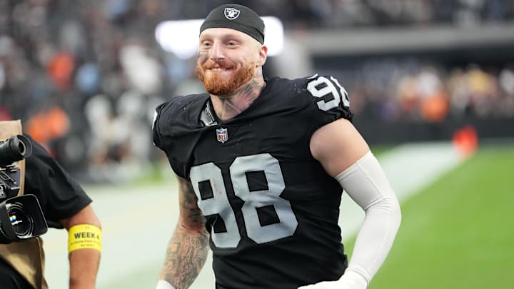 Oct 2, 2022; Paradise, Nevada, USA; Las Vegas Raiders defensive end Maxx Crosby (98) walks off the field after the Raiders defeated the Denver Broncos 32-23 at Allegiant Stadium. Oct 2, 2022; Paradise, Nevada, USA; Las Vegas Raiders defensive end Maxx Crosby (98) walks off the field after the Raiders defeated the Denver Broncos 32-23 at Allegiant Stadium.