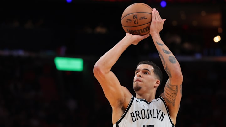 Mar 3, 2026; Miami, Florida, USA; Brooklyn Nets forward Michael Porter Jr. (17) shoots a free throw against the Miami Heat during the second quarter at Kaseya Center. Mandatory Credit: Sam Navarro-Imagn Images