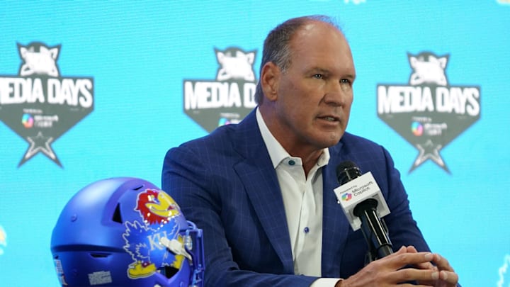Jul 9, 2025; Frisco, TX, USA; Kansas head coach Lance Leipold speaks with the media during 2025 Big 12 Football Media Days at The Star. Mandatory Credit: Raymond Carlin III-Imagn Images