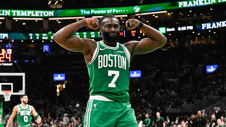 Dec 25, 2024; Boston, Massachusetts, USA; Boston Celtics guard Jaylen Brown (7) reacts to his basket against the Philadelphia 76ers during the second half at TD Garden. Mandatory Credit: Eric Canha-Imagn Images