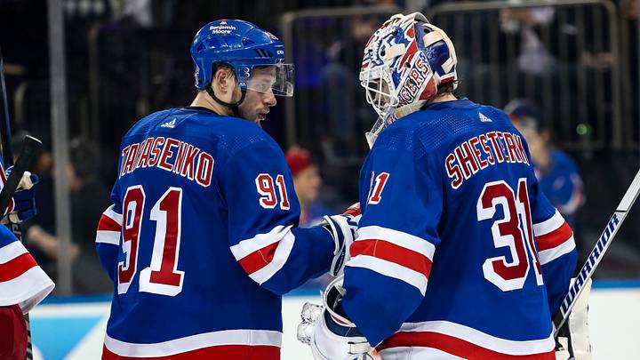 Apr 29, 2023; New York, New York, USA; New York Rangers right wing Vladimir Tarasenko (91) celebrates with goalie Igor Shesterkin (31) after a 5-2 win against the New Jersey Devils in game six of the first round of the 2023 Stanley Cup Playoffs at Madison Square Garden. Mandatory Credit: Danny Wild-USA TODAY Sports