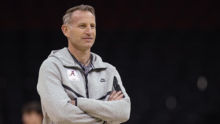 Mar 26, 2025; Newark, NJ, USA; Alabama Crimson Tide head coach Nate Oats during a practice session in preparation for an East Regional semifinal game against the Brigham Young Cougars at Prudential Center. Mandatory Credit: Vincent Carchietta-Imagn Images Mar 26, 2025; Newark, NJ, USA; Alabama Crimson Tide head coach Nate Oats during a practice session in preparation for an East Regional semifinal game against the Brigham Young Cougars at Prudential Center. Mandatory Credit: Vincent Carchietta-Imagn Images