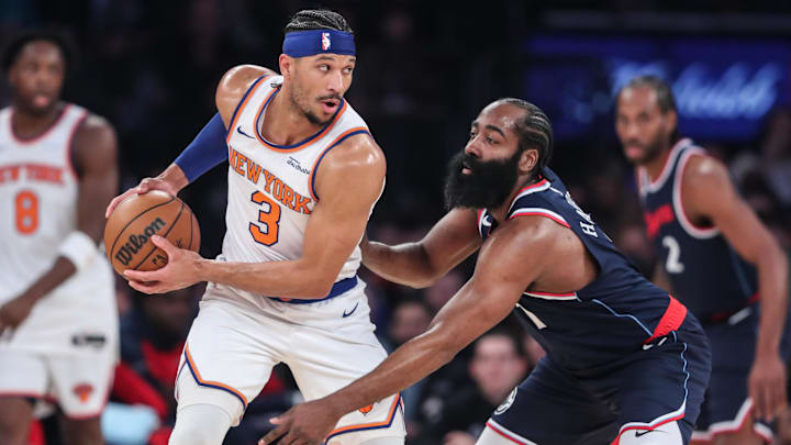 Mar 26, 2025; New York, New York, USA;  New York Knicks guard Josh Hart (3) is guarded by LA Clippers guard James Harden (1) in the first quarter at Madison Square Garden. Mandatory Credit: Wendell Cruz-Imagn Images