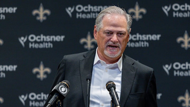 Nov 23, 2025; New Orleans, Louisiana, USA;  New Orleans Saints general manager Mickey Loomis during the Jimmy Graham retirement at Caesars Superdome. Mandatory Credit: Stephen Lew-Imagn Images