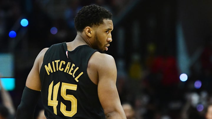 May 5, 2024; Cleveland, Ohio, USA; Cleveland Cavaliers guard Donovan Mitchell (45) reacts after a
