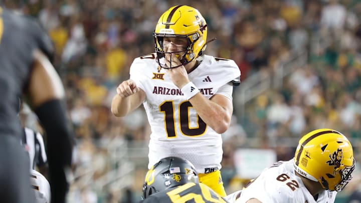 Sep 20, 2025; Waco, Texas, USA; Arizona State Sun Devils quarterback Sam Leavitt (10) in action against the Baylor Bears during the second half at McLane Stadium. Mandatory Credit: Chris Jones-Imagn Images