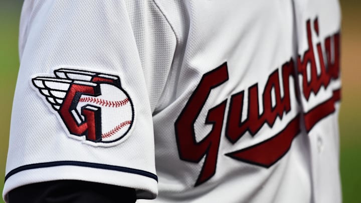 Apr 15, 2022; Cleveland, Ohio, USA; A detail of the uniform of Cleveland Guardians left fielder Steven Kwan during the game between the Cleveland Guardians and the San Francisco Giants at Progressive Field. Mandatory Credit: Ken Blaze-Imagn Images