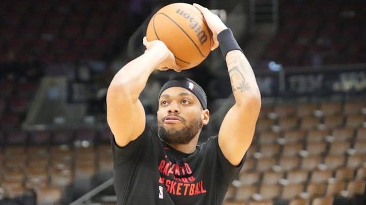 Apr 7, 2024; Toronto, Ontario, CAN; Toronto Raptors guard Bruce Brown (11) goes to shoot a basket during warm up before a game against the Washington Wizards at Scotiabank Arena. Mandatory Credit: John E. Sokolowski-Imagn Images