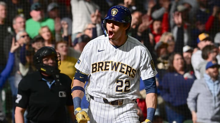 Mar 29, 2026; Milwaukee, Wisconsin, USA;  Milwaukee Brewers designated hitter Christian Yelich (22) reacts after hitting a three-run home run in the eighth inning against the Chicago White Sox at American Family Field. Mandatory Credit: Benny Sieu-Imagn Images
