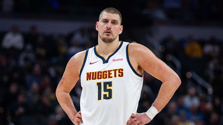 Dec 3, 2025; Indianapolis, Indiana, USA; Denver Nuggets center Nikola Jokic (15)  in the second half against the Indiana Pacers at Gainbridge Fieldhouse. Mandatory Credit: Trevor Ruszkowski-Imagn Images